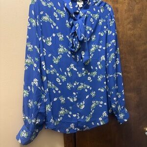 J. Crew Blue Tie Front Blouse with Bib Collar